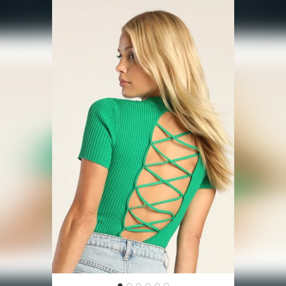 Short sleeve green Lulu's ribbed bodysuit with criss cross back lace up back